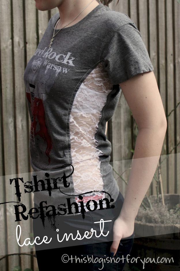 Uses for Old Tshirts, Tees - Tshirt Refashion With Lace - Tshirt Crafts - How to Recycle Old Tshirts into New Clothes - Cheap and Easy Crafts to Make at Home - Cute, Easy, Cheap Craft Ideas for Kids, Teens, Adults - Handmade Craft Ideas Step by Step - Crafts to Do with Nothing #teencrafts #cheapcrafts