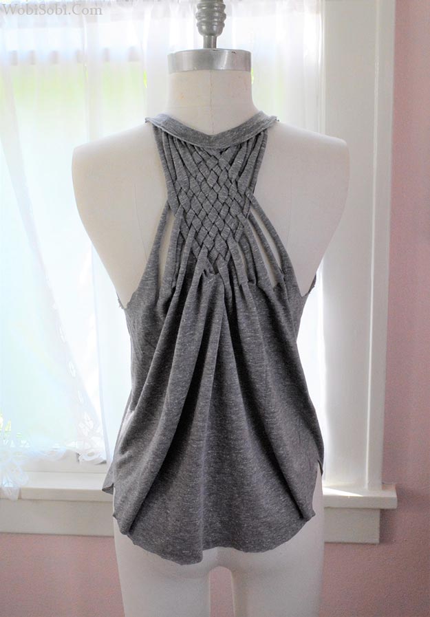 How to Revamp, Upcycle, Cut Old Tshirts - DIY Weaved Back Tank - Tshirt Transformation, Redesign, Refashion Ideas - Old Tshirt Ideas, Projects, DIY - No Sew Tshirt Cutting Ideas - Teen Crafts - Easy Step by Step Craft Tutorials - Craft Ideas for Teenage Girl #easycrafts #diyprojects