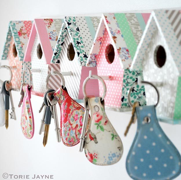 Washi Tape Crafts - DIY Bird House Key Hooks Tutorial - How to Make Bird House Key Hooks - Simple, Easy DIY Ideas To Make With Washi Tape - Organizers, Cute Gifts, Cheap Wall Art, Fun and Quick Things To Make For Friends - Cute Ideas for Teens, Adults, Kids and Tweens to Make at Home #teencrafts #diyideas #washitapecrafts
