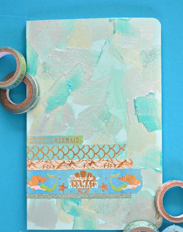 Washi Tape Crafts - DIY Mermaid Journal Tutorial - How to Make A Mermaid Journal - Simple, Easy DIY Ideas To Make With Washi Tape - Organizers, Cute Gifts, Cheap Wall Art, Fun and Quick Things To Make For Friends - Cute Ideas for Teens, Adults, Kids and Tweens to Make at Home #teencrafts #diyideas #washitapecrafts