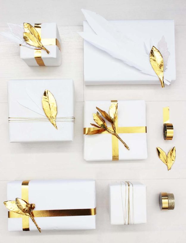 Washi Tape Crafts - DIY Washi Tape Gold Leaf Gift Decor Tutorial - How to Make Washi Tape Gift Wrapping - Simple, Easy DIY Ideas To Make With Washi Tape - Organizers, Cute Gifts, Cheap Wall Art, Fun and Quick Things To Make For Friends - Cute Ideas for Teens, Adults, Kids and Tweens to Make at Home #teencrafts #diyideas #washitapecrafts