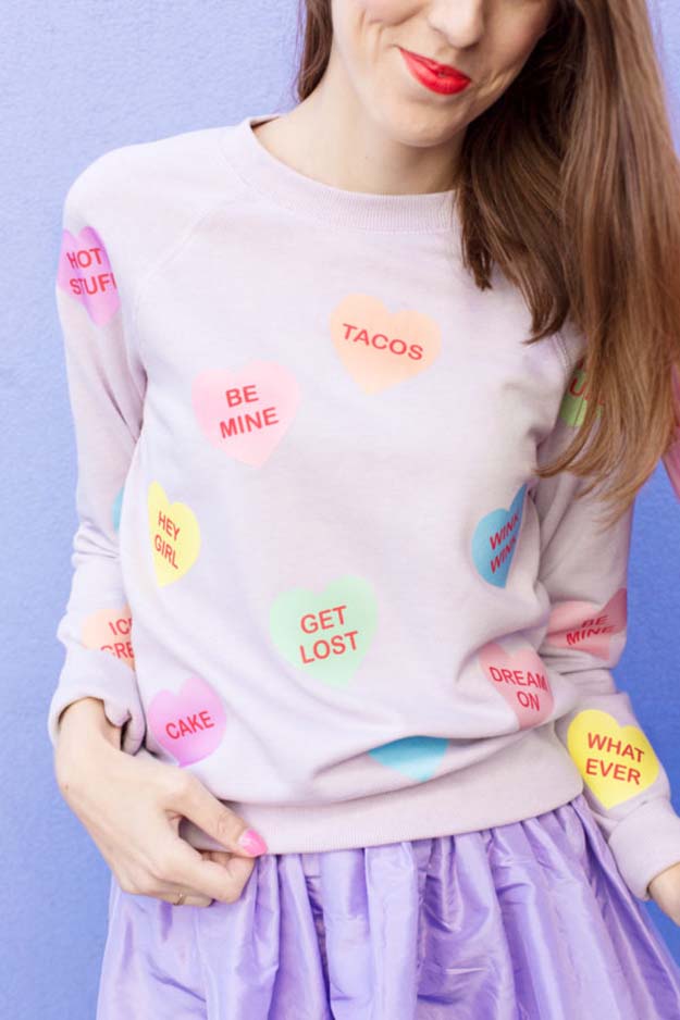 DIY T-Shirt Makeovers - DIY Conversation Heart Sweatshirt Additions - Easy Ways to Upcycle Tees for New Clothes and Crafts - Cool No Sew Tshirt Cutting Tutorials - How To Make Halter Tops and T-Shirt Dresses - Easy Tutorials and Instructions for Teens and Adults To Refashion TShirts - Easy Teen Crafts #diyideas #tshirtmakeover
