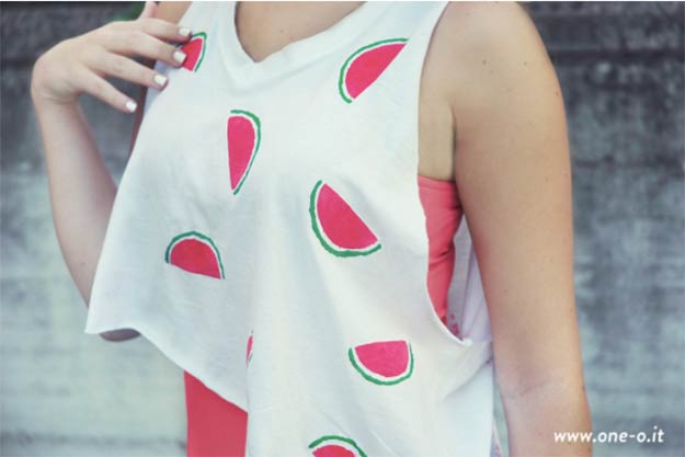 DIY T-Shirt Makeovers - DIY Potato Stamp Watermelon Top - Easy Ways to Upcycle Tees for New Clothes and Crafts - Cool No Sew Tshirt Cutting Tutorials - How To Make Halter Tops and T-Shirt Dresses - Easy Tutorials and Instructions for Teens and Adults To Refashion TShirts - Easy Teen Crafts #diyideas #tshirtmakeover