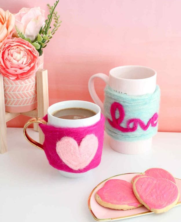 Cheap Crafts - DIY Needle Felted Heart Mug Cozy - DIY Mug Cozies - How to Make a Mug Cozy - Inexpensive Craft Project Ideas for Teenagers, Teens and Adults - Easy DIY Ideas To Make On A Budget - Cool Dollar Store Crafts and Things You Can Make For Free - Homemade Wall Art and Room Decor, Gifts and Presents, Tutorials and Step by Step Instructions #teencrafts #cheapcrafts #diyideas