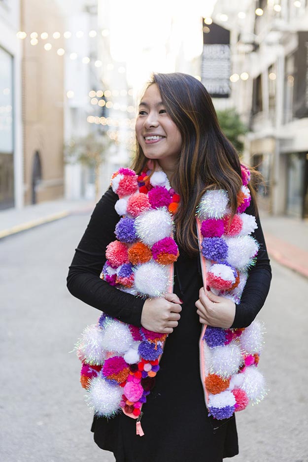 Pom Pom Crafts - DIY Pom Pom Vest - Easy DIY Decor and Craft Ideas Made With Pom Poms - Homemade Room Decor for Teens and Adults - How to Make A Pom Pom Tutorial - Tissue Paper and Yarn Crafts to Make and Sell On Etsy #teencrafts #pompomcrafts #diyideas