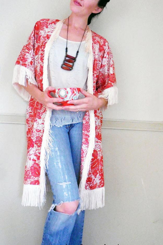 DIY Boho Fashion Ideas - DIY Free People Inspired Kimono Tutorial - How to Make Your Own Boho Clothes, Sandals, Jewelry At Home - Boho Fashion Style - Cute and Easy DIY Boho Clothing, Clothes, Fashion - Homemade Bohemian Clothing #teencrafts #diyideas #diybohofashion #diybohoclothes