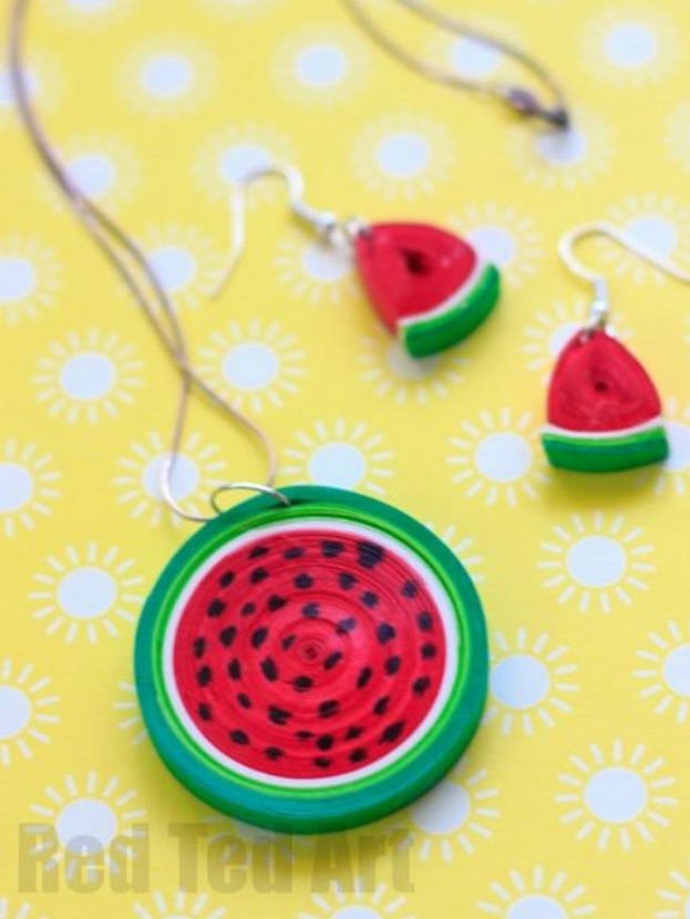 DIY Ideas for Summer - DIY Quilled Watermelon Pendant Tutorial - How to Make A Watermelon Necklace - Cute Summery Crafts to Make and Sell - DIY Summer Crafts, Projects, Decor for Kids, Tweens, Teens, Adults, Seniors - Ideas to Make for Lake, Pool, Outdoors - Creative Things to Make for Summertime - Teen Crafts and DIY Projects #teencrafts #diyideas #craftideasforsummer