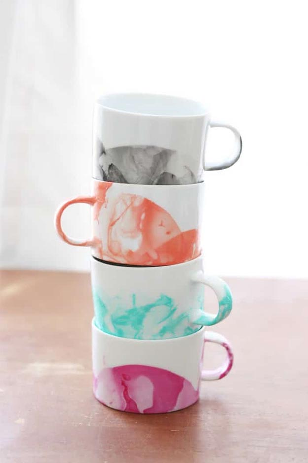 Easy Nail Polish Crafts - DIY Marbled Mugs Tutorial - How to Marble Mugs With Nail Polish - Easy Craft Projects With Nail Polish - Cheap Do It Yourself Gifts, Fun and Quick Art Ideas To Make for Free - Keys, Phone Case, Paintings, Jewelry, Shoes, Clothing, Accessories and Bedroom Decor Ideas - Creative Things for Teens To Make, Teenagers and Tweens - Cute Dorm Room Decor, Things To Make When You Are Bored #teencrafts #diyideas #cheapcrafts
