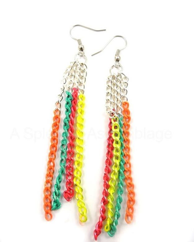 Easy Nail Polish Crafts - DIY Neon Chain Earrings Tutorial - How to Make Jewelry With Nail Polish - Easy Craft Projects With Nail Polish - Cheap Do It Yourself Gifts, Fun and Quick Art Ideas To Make for Free - Keys, Phone Case, Paintings, Jewelry, Shoes, Clothing, Accessories and Bedroom Decor Ideas - Creative Things for Teens To Make, Teenagers and Tweens - Cute Dorm Room Decor, Things To Make When You Are Bored #teencrafts #diyideas #cheapcrafts