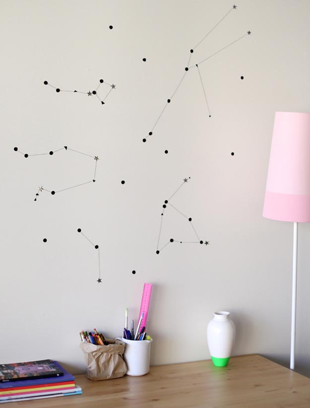 Cool Wall Art Ideas for Teens - DIY Sticker Star Wall Constellation Tutorial - Cheap and Easy DIY Canvas Projects, Paintings and Arts and Crafts for Bedroom Walls - Inexpensive, Quick Project Tutorials for String Art, Crayon, Yarn, Paint Chip, Boho, Simple and Modern Decor for Teens, Teenagers and Tweens - Colorful and Creative Paint, Glue and Mod Podge Craft Idea #teencrafts #diyideas #roomdecor