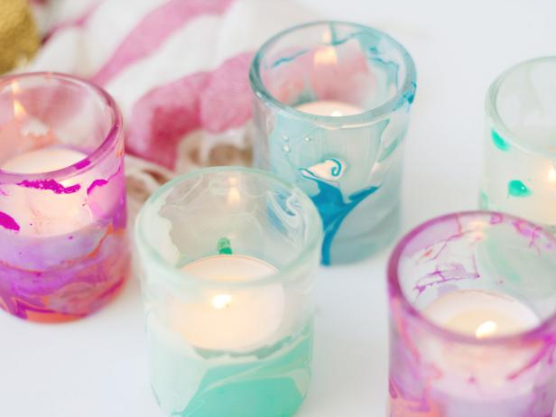 Easy Nail Polish Crafts - DIY Marbled Votives Tutorial - How to Make Marbled Votives - Easy Craft Projects With Nail Polish - Cheap Do It Yourself Gifts, Fun and Quick Art Ideas To Make for Free - Keys, Phone Case, Paintings, Jewelry, Shoes, Clothing, Accessories and Bedroom Decor Ideas - Creative Things for Teens To Make, Teenagers and Tweens - Cute Dorm Room Decor, Things To Make When You Are Bored #teencrafts #diyideas #cheapcrafts